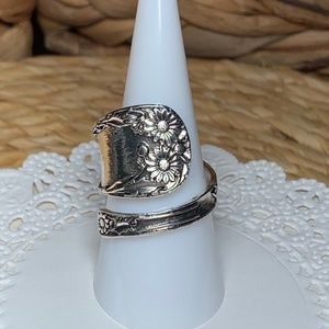 Silver Plated Floral Embossed Spoon Style Ring